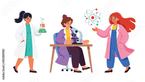 Flat vector collection of cute women scientists holding test tubes, microscopes, and lab tools. Ideal for STEM careers, lab visuals, and educational resources