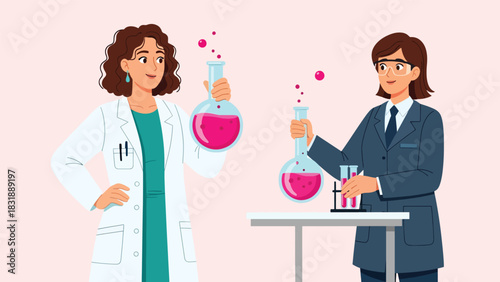 Flat vector collection of cute women scientists holding test tubes, microscopes, and lab tools. Ideal for STEM careers, lab visuals, and educational resources