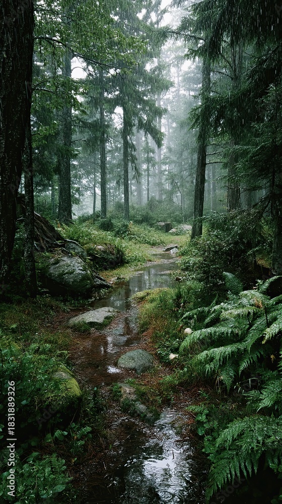 Obraz premium Petrichor Visual Series Fresh Earth After Rain Serene forest pathway amidst tall trees and fog.