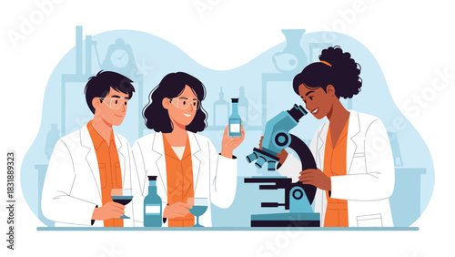 Flat vector collection of cute women scientists holding test tubes, microscopes, and lab tools. Ideal for STEM careers, lab visuals, and educational resources