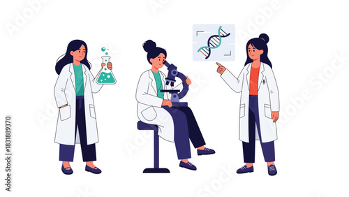 Flat vector collection of cute women scientists holding test tubes, microscopes, and lab tools. Ideal for STEM careers, lab visuals, and educational resources