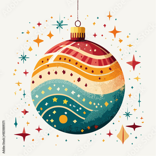 Christmas ornament. Colorful ball decoration. Holiday tree bauble. Red, gold, blue, and white swirls. Star and dot pattern. Vector illustration on white background.