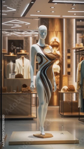 Rotating Mannequin Showcasing Innovative Statement Look in a Contemporary High-End Retail Display for Visual Presentation and Inspiration