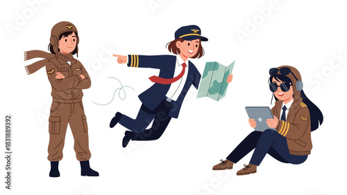 Flat vector sticker set of cute women pilots with airplane icons, maps, and headset. Perfect for aviation career graphics and professional character collections