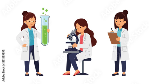 Flat vector collection of cute women scientists holding test tubes, microscopes, and lab tools. Ideal for STEM careers, lab visuals, and educational resources