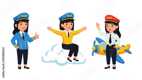 Flat vector sticker set of cute women pilots with airplane icons, maps, and headset. Perfect for aviation career graphics and professional character collections
