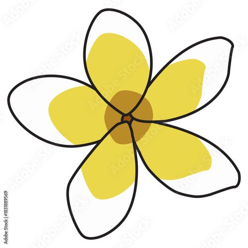 A simple and clean illustration of a plumeria flower, drawn with black outline and yellow
