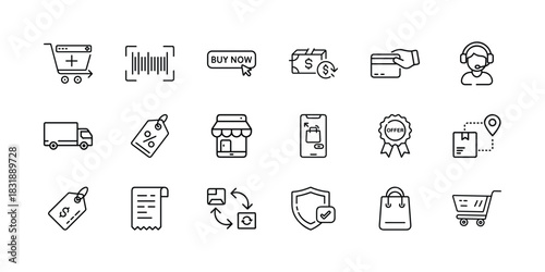 E-commerce and online shopping line icons set depicting various digital retail processes, from adding items to cart to delivery and customer support services. Vector, illustration