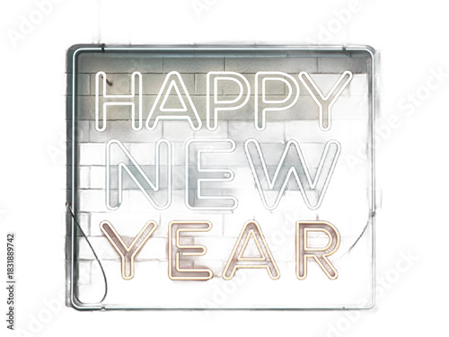 Glowing Greetings: A neon sign announces HAPPY NEW YEAR against a textural brick backdrop, evoking a sense of anticipation and joyous beginnings.