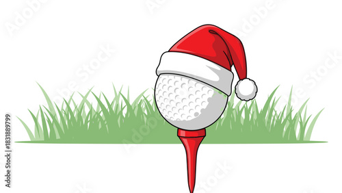 Festive golf ball wearing a Santa hat ready for a fun holiday tournament, perfect for sports themed Christmas cards and seasonal promotions