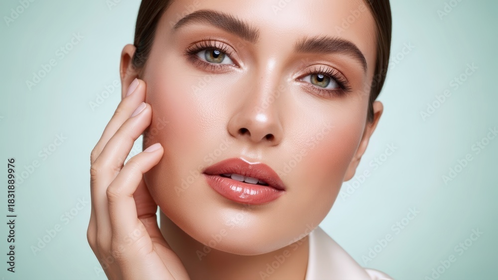 Fototapeta premium Beautiful young woman gently touches her radiant complexion, showcasing a healthy glow and perfect skin with natural makeup on a fresh green background