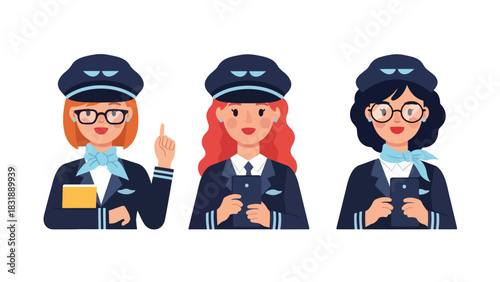 Flat vector sticker set of cute women pilots with airplane icons, maps, and headset. Perfect for aviation career graphics and professional character collections