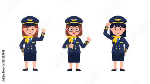 Flat vector sticker set of cute women pilots with airplane icons, maps, and headset. Perfect for aviation career graphics and professional character collections