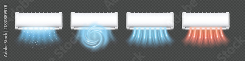 A set of air conditioners with airflow arrows: blue, red, swirl-shaped, and with particles.