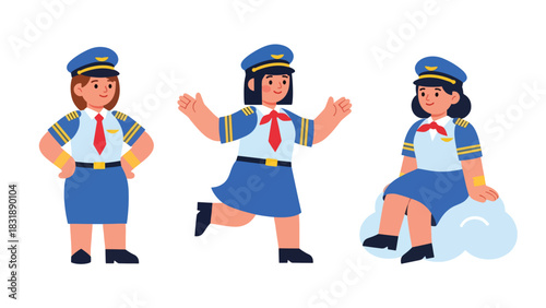 Flat vector sticker set of cute women pilots with airplane icons, maps, and headset. Perfect for aviation career graphics and professional character collections