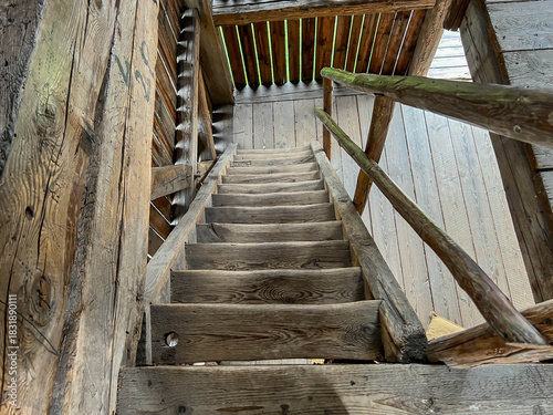 Trail of vanishing crafts in Kudowa-Zdroj, Poland. Stairs in an old wooden windmill.