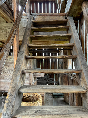 Trail of vanishing crafts in Kudowa-Zdroj, Poland. Stairs in an old wooden windmill.