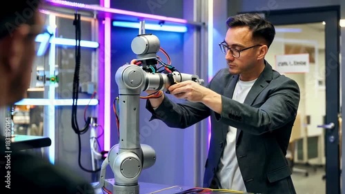 Engineer Inspecting Robot Arm in Modern Tech Lab