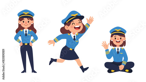 Flat vector sticker set of cute women pilots with airplane icons, maps, and headset. Perfect for aviation career graphics and professional character collections