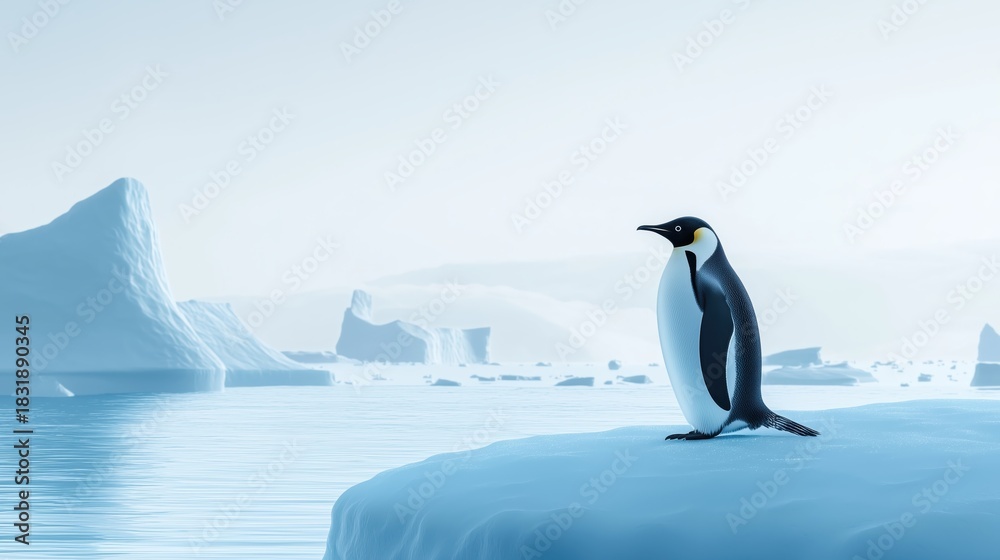 Fototapeta premium A solitary emperor penguin stands on an ice floe in a vast icy polar landscape