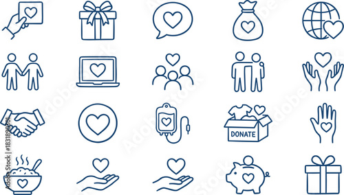 Charity icon set, donation symbols, love and care graphics, community support visuals, helping hands, heart icons, blue line style