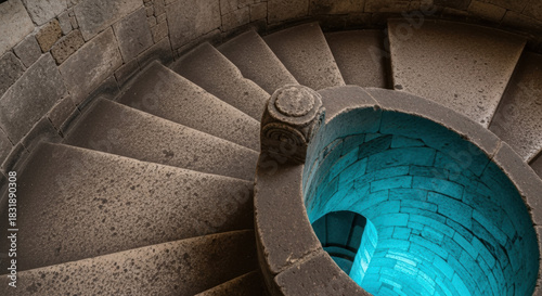 Worn stone staircase leading down to a sanctum with glowing blue water at the bottom. Represents ancient rituals and hidden spaces, suitable for themes of mysticism and exploration.