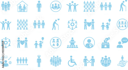 Community icon set, social symbols, diversity graphics, global network visuals, education and relationship tools, blue theme, people and culture