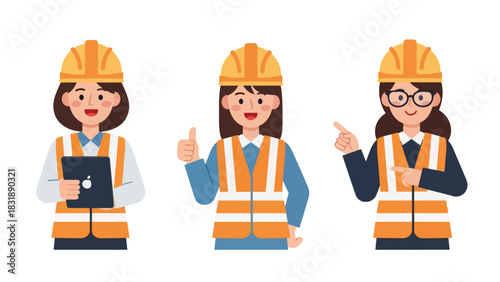 Flat vector set featuring cute women engineers with blueprint, wrench, and hard hat. Ideal for STEM careers, building professions, and industrial illustrations