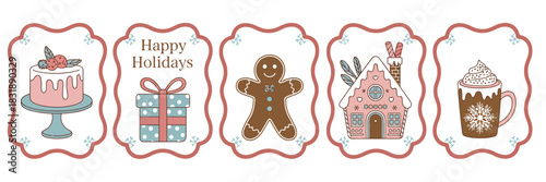 Cozy Hand-Drawn Christmas Illustration Set Featuring Festive Cake, Gift Box, Gingerbread Man, Gingerbread House, and Hot Cocoa for Holiday Cards, Decor, and Seasonal Designs