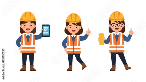 Flat vector set featuring cute women engineers with blueprint, wrench, and hard hat. Ideal for STEM careers, building professions, and industrial illustrations