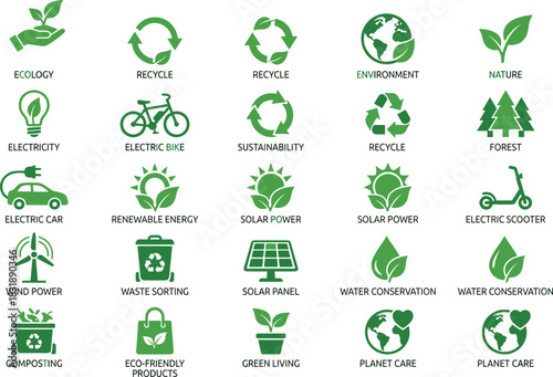 Eco icon set, sustainability symbols, green energy graphics, water conservation visuals, recycling tools, nature and planet care elements