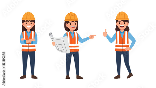Flat vector set featuring cute women engineers with blueprint, wrench, and hard hat. Ideal for STEM careers, building professions, and industrial illustrations
