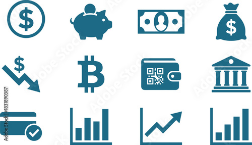 Finance icon set, economic symbols, banking graphics, investment visuals, cryptocurrency tools, payment methods, blue theme, financial data elements