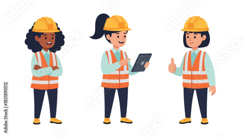 Flat vector set featuring cute women engineers with blueprint, wrench, and hard hat. Ideal for STEM careers, building professions, and industrial illustrations