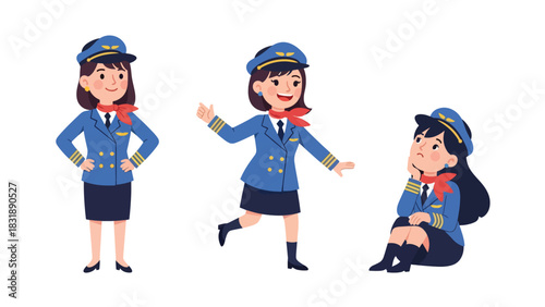 Flat vector sticker set of cute women pilots with airplane icons, maps, and headset. Perfect for aviation career graphics and professional character collections