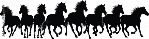 Dynamic running horse silhouettes in motion captured in black and white, wild mustangs galloping together showcasing power, freedom, and energy