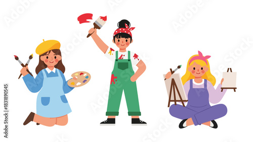 Flat vector set featuring cute women artists painting, sketching, and creating artwork. Ideal for creative career themes and artistic planner elements