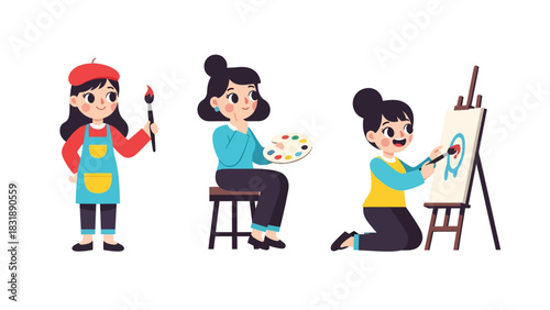 Flat vector set featuring cute women artists painting, sketching, and creating artwork. Ideal for creative career themes and artistic planner elements
