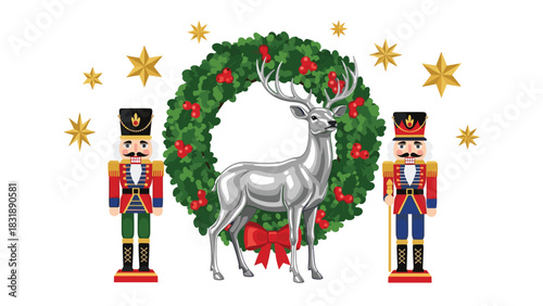 Charming Christmas nutcrackers and reindeer wreath create festive holiday cheer for seasonal designs and joyful celebrations