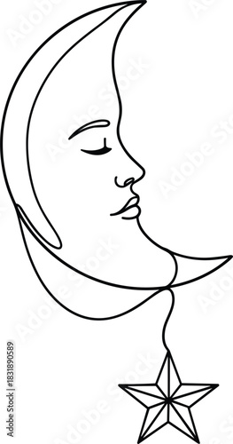 One Line Moon Cradle with Hanging Star.