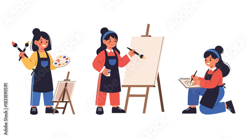 Flat vector set featuring cute women artists painting, sketching, and creating artwork. Ideal for creative career themes and artistic planner elements