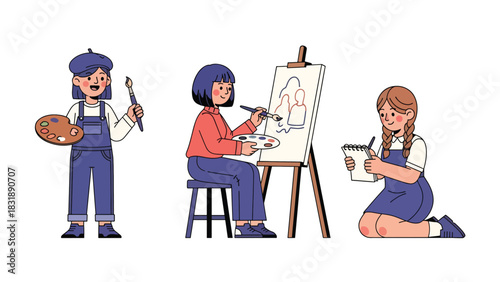 Flat vector set featuring cute women artists painting, sketching, and creating artwork. Ideal for creative career themes and artistic planner elements