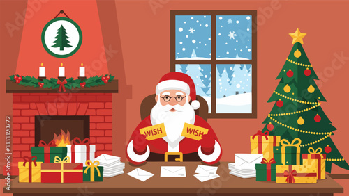 Santa Claus sitting at his desk, surrounded by presents and Christmas decorations, writing letters in a cozy room