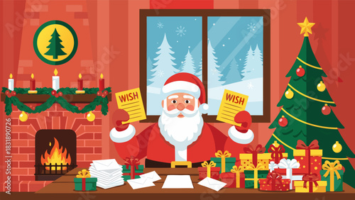 Festive Christmas scene of Santa Claus at his desk reading children's wish list letters by a warm fireplace and decorated tree, a cozy holiday vector illustration e