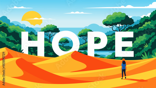 An inspiring and beautiful digital illustration featuring the word 'HOPE' with a person standing amidst a scenic landscape, symbolizing optimism and encouragement