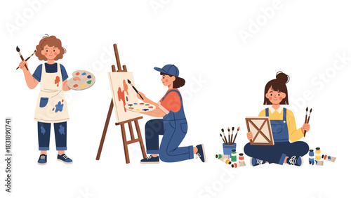 Flat vector set featuring cute women artists painting, sketching, and creating artwork. Ideal for creative career themes and artistic planner elements