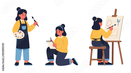 Flat vector set featuring cute women artists painting, sketching, and creating artwork. Ideal for creative career themes and artistic planner elements