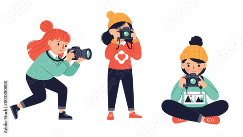 Flat vector sticker collection of women photographers capturing photos, holding camera, and editing shots. Ideal for creative media career visuals