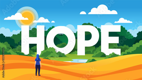 Illustration of the word HOPE in a vibrant outdoor setting with a person looking towards it, inspiring optimism and encouragement