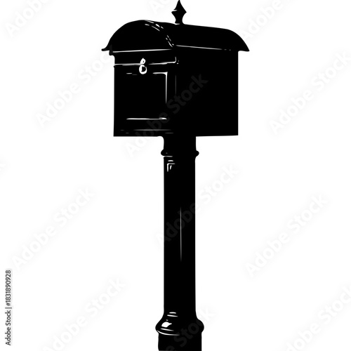 Illustration of a black mailbox on a post against white backdrop on transparent background silhouette